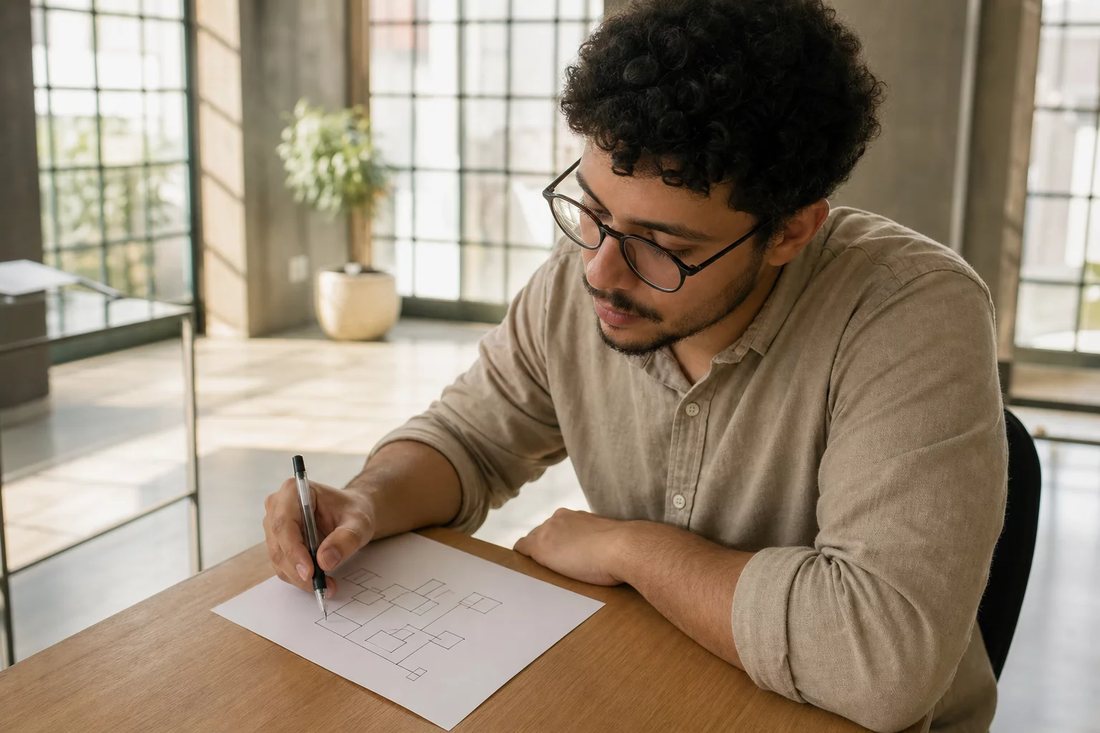 Duas pessoas diante de um quadro branco com a armação de um argumento rabiscada