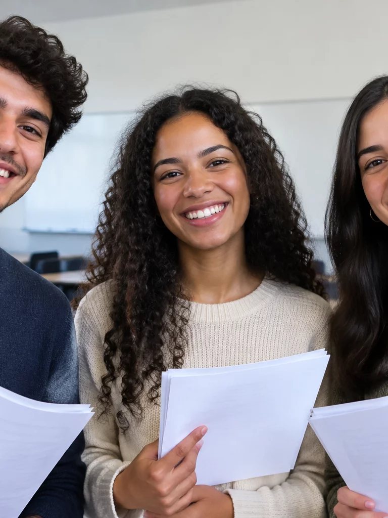 Grupo rindo logo após uma rodada, ainda com as folhas de anotação nas mãos
